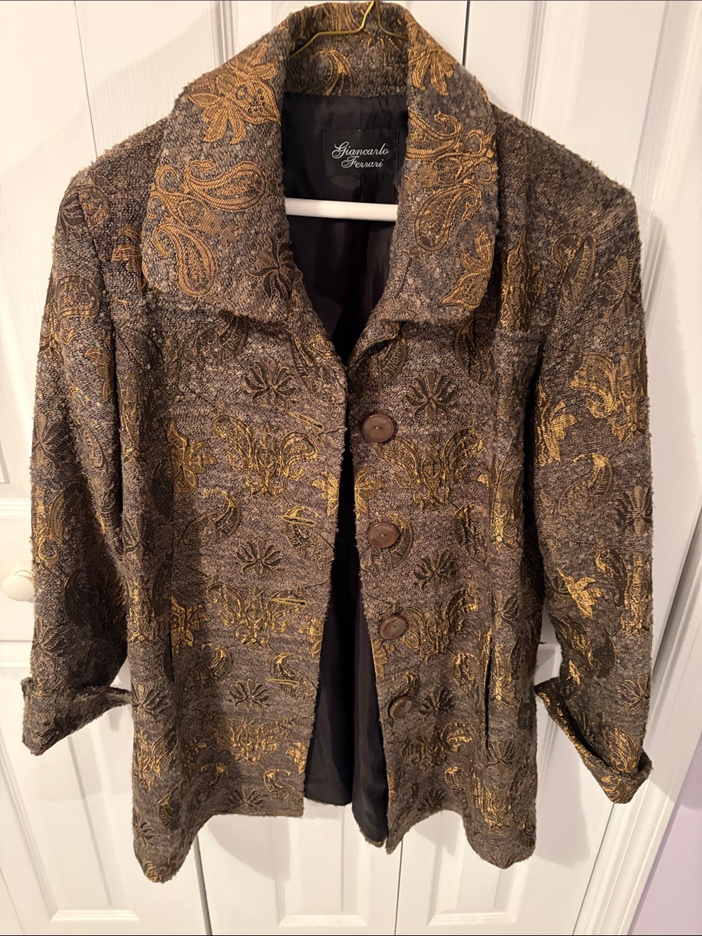 Brown and Gold Brocade Notched-Collar Jacket
